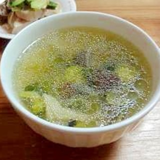 茹で鶏の汁で☆ブロッコリー・コーン・長葱のスープ